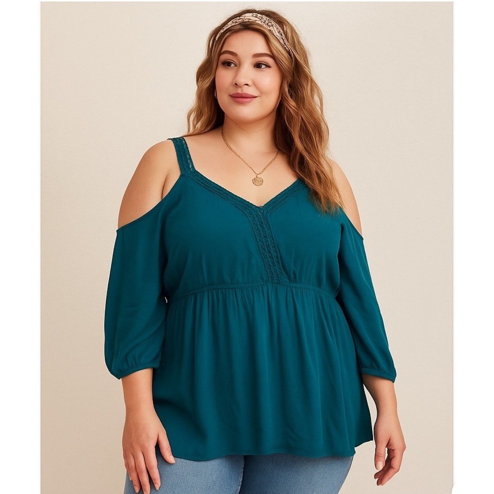 NEW Torrid Cold Shoulder Babydoll Tunic Plus 1X Teal Rayon L/S Lace Trim